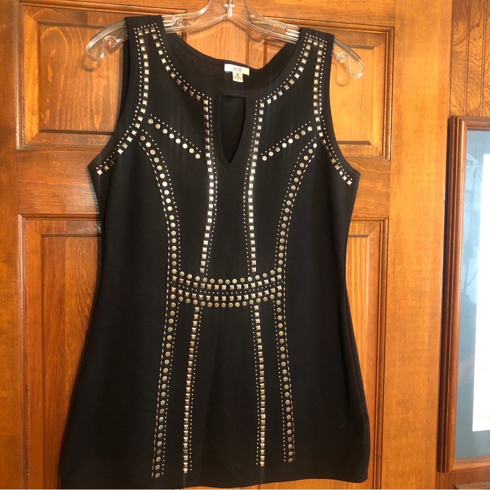 Cache Black Bodycon Dress Medium Gold Studs Rivets Sheath Stretchy Metallic